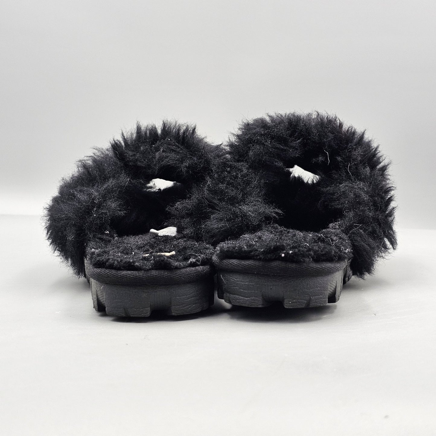 Ugg Women's Size 6 US VGC Sugar Cross Black Wool & Faux Fur Fuzzy Sandals