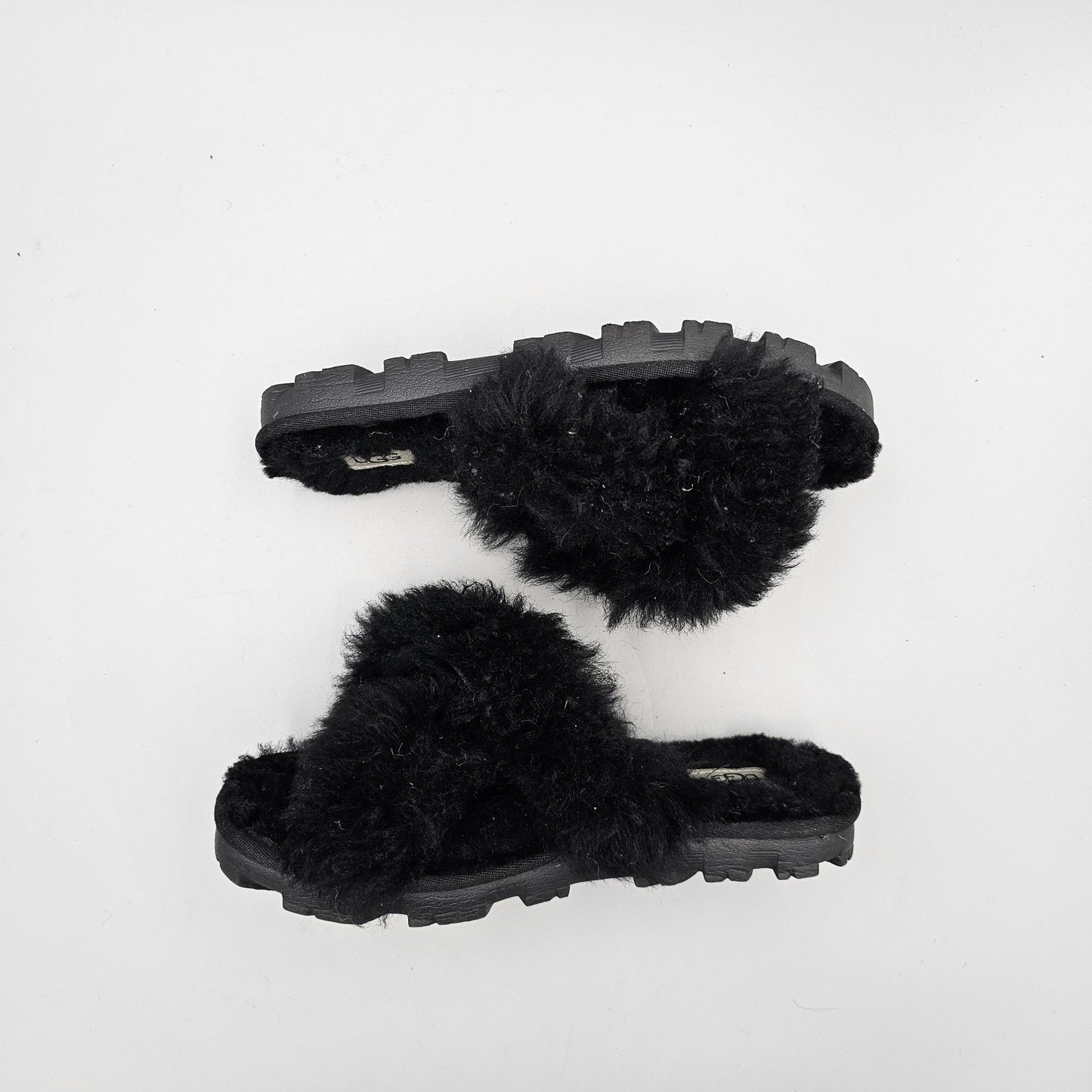 Ugg Women's Size 6 US VGC Sugar Cross Black Wool & Faux Fur Fuzzy Sandals